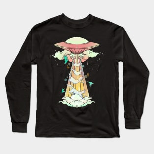 UFO Abducting Cats Surreal Alien Art Long Sleeve T-Shirt